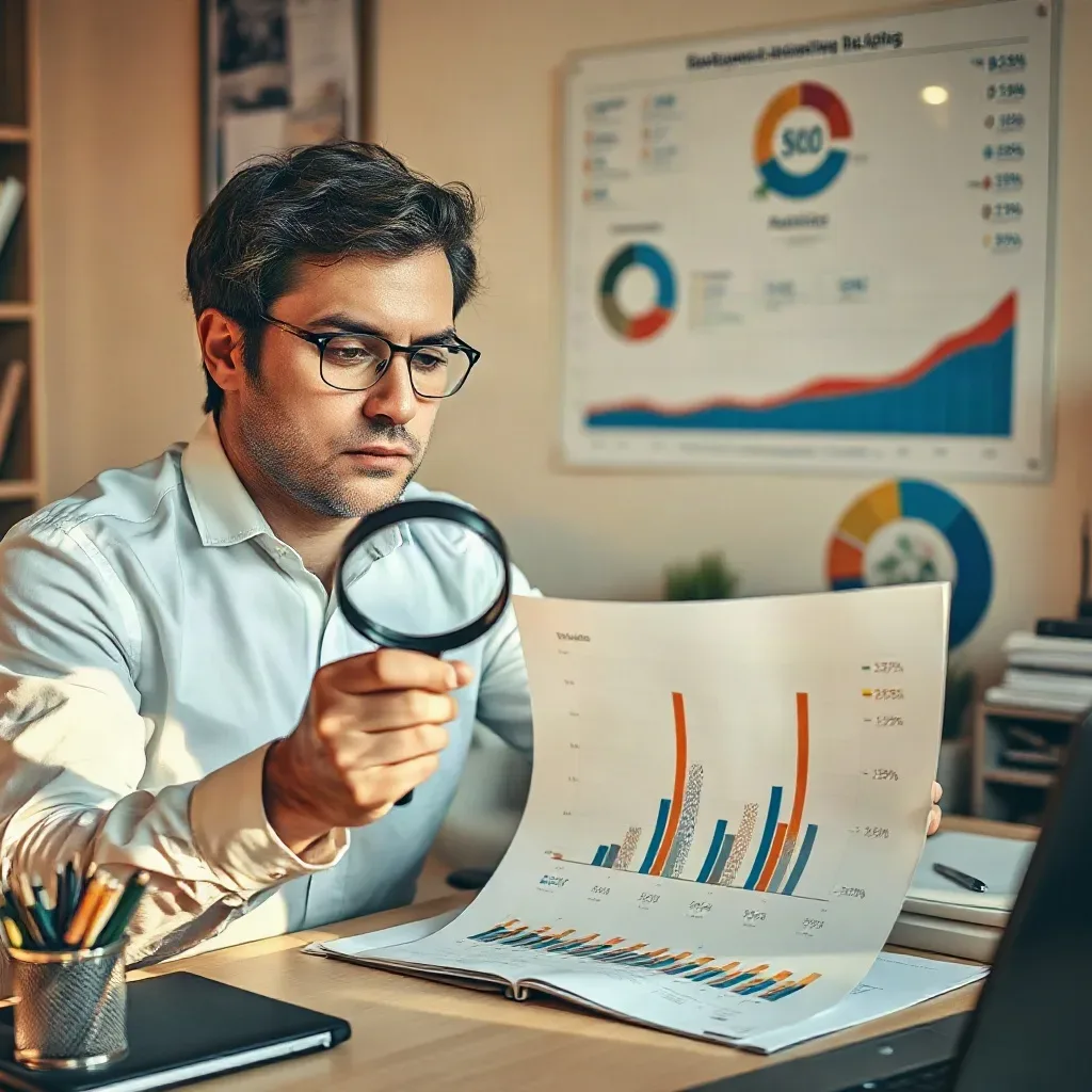 An SEO consultant at an organised desk holding a magnifying glass over a printed analytics report and underlining mobile session percentage figures in the data columns while a wall-mounted keyword ranking chart with device annotations is visible behind him