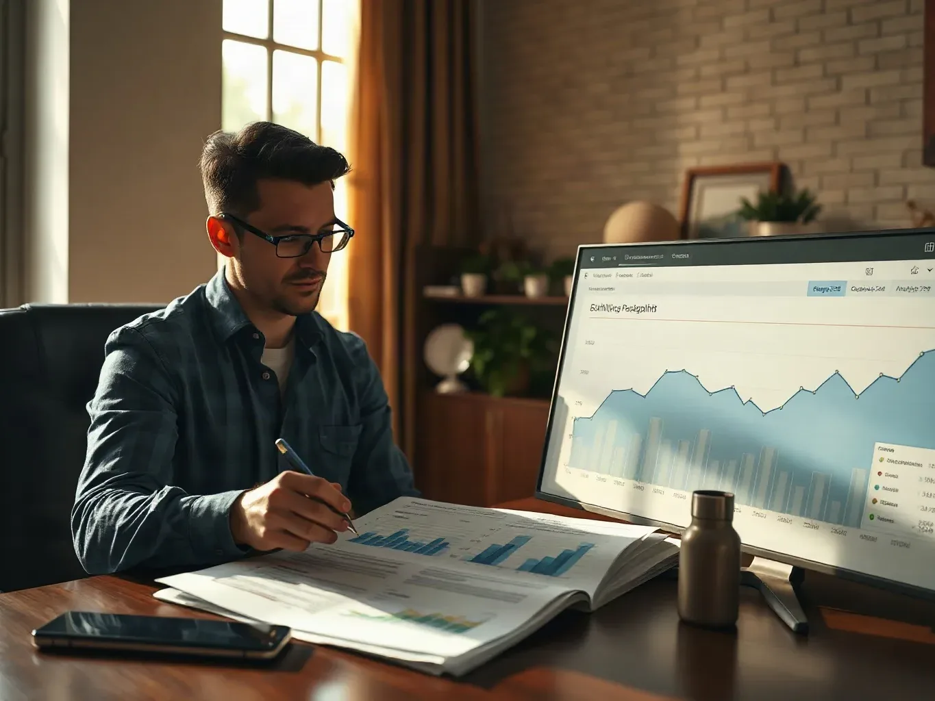 An SEO consultant in a private working room spreading a printed analytics report across the desk and using a pen to bracket short-paragraph readability rows while the large monitor beside the desk shows an organic traffic trend graph with a mobile-segment overlay