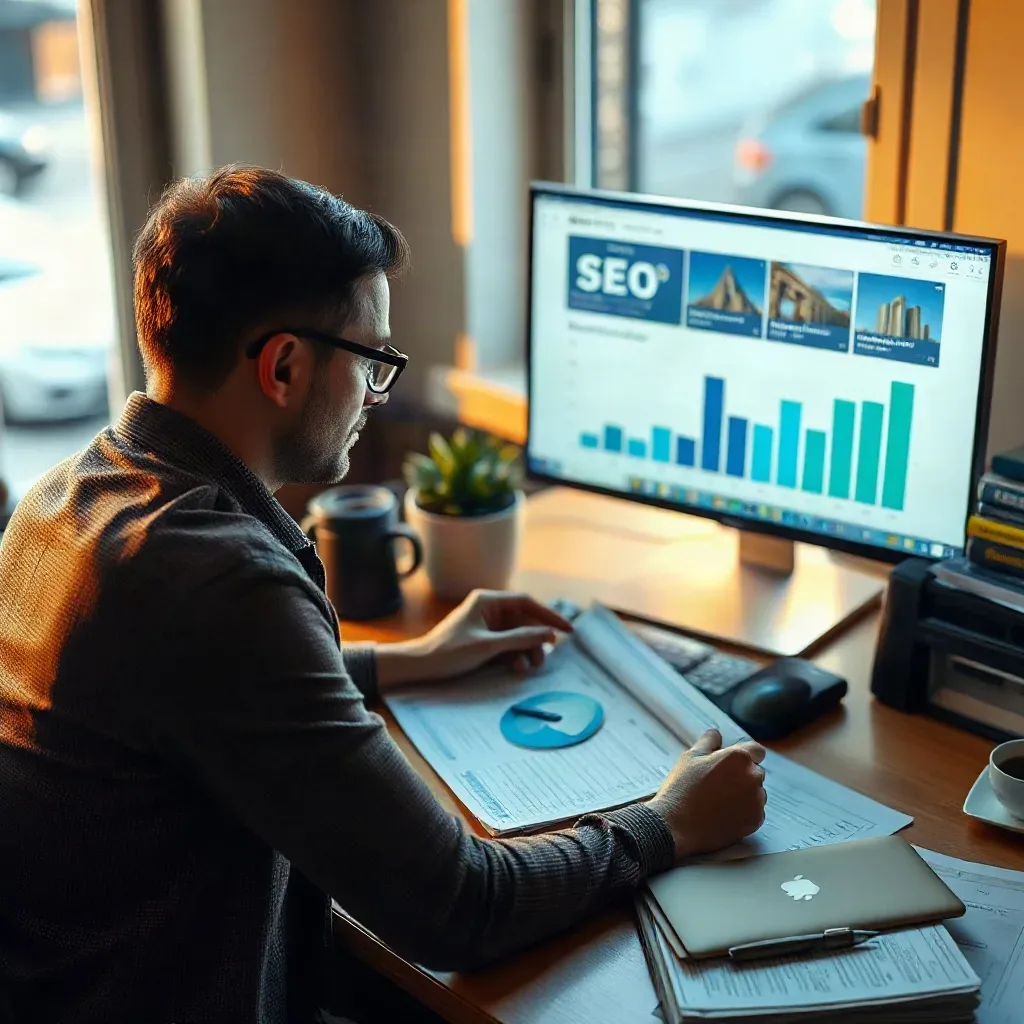A person wearing glasses sits at a desk reviewing printed charts and documents while looking at a monitor displaying graphs and data