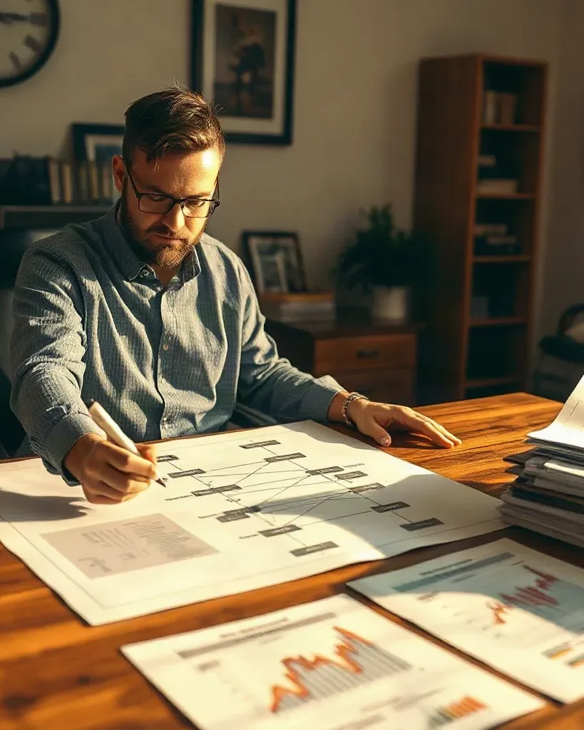 A person wearing glasses sits at a wooden desk in a home office, annotating a large diagram and reviewing printed charts and reports