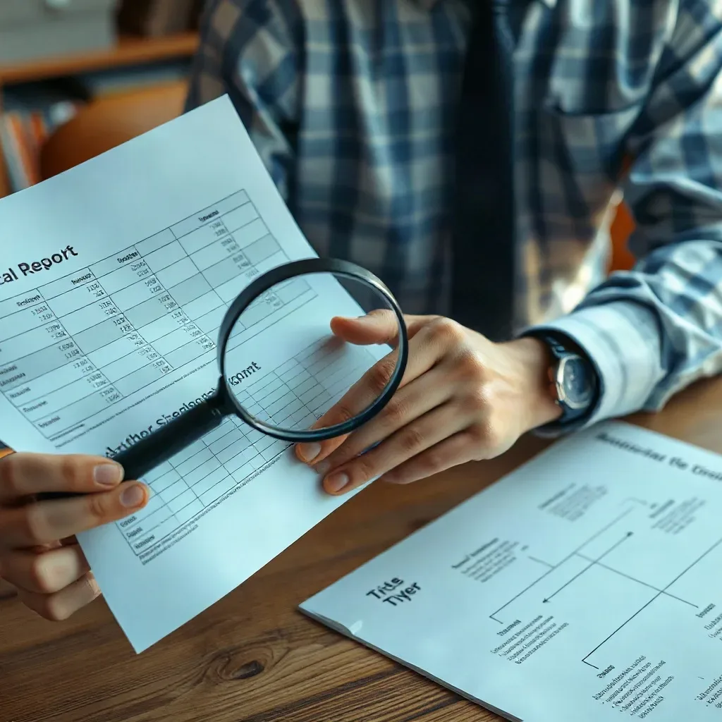 A marketing professional in business-casual attire using a magnifying glass to examine a printed analytics report that shows author-signal and citation columns while a structured site architecture diagram on paper with trust-tier annotations is spread on the desk beside it