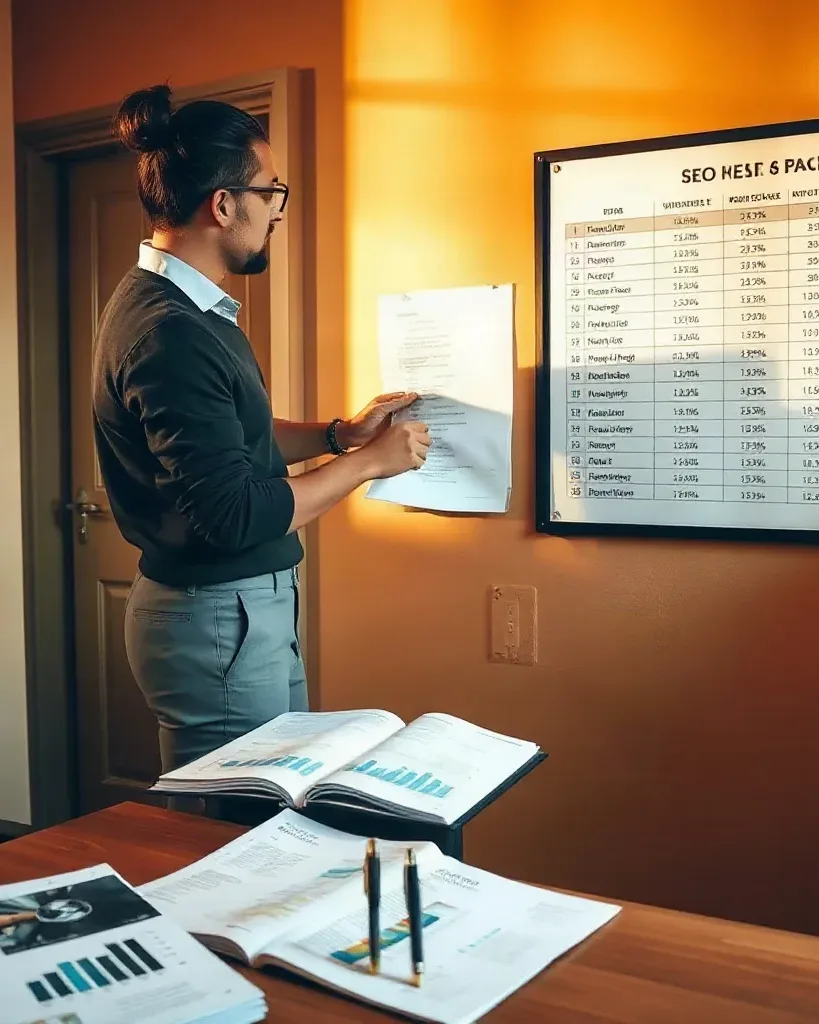 A person with a bun hairstyle and glasses stands in a warmly lit office, holding papers while reviewing a large wall-mounted data chart