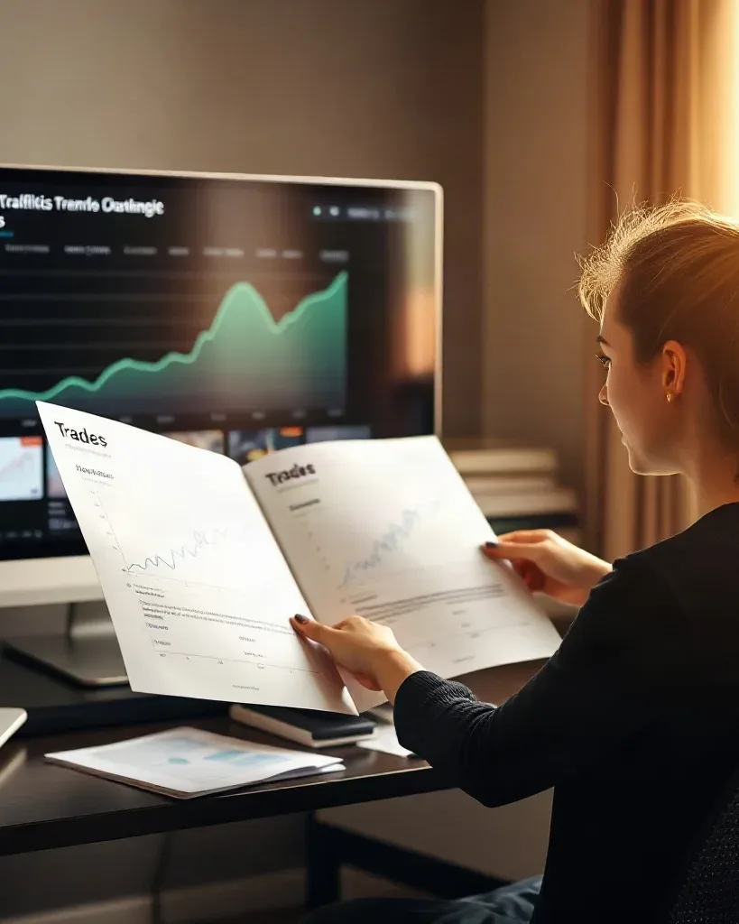 A person sits at a desk reviewing printed reports showing trade data, with a monitor displaying an organic traffic trend graph visible behind them