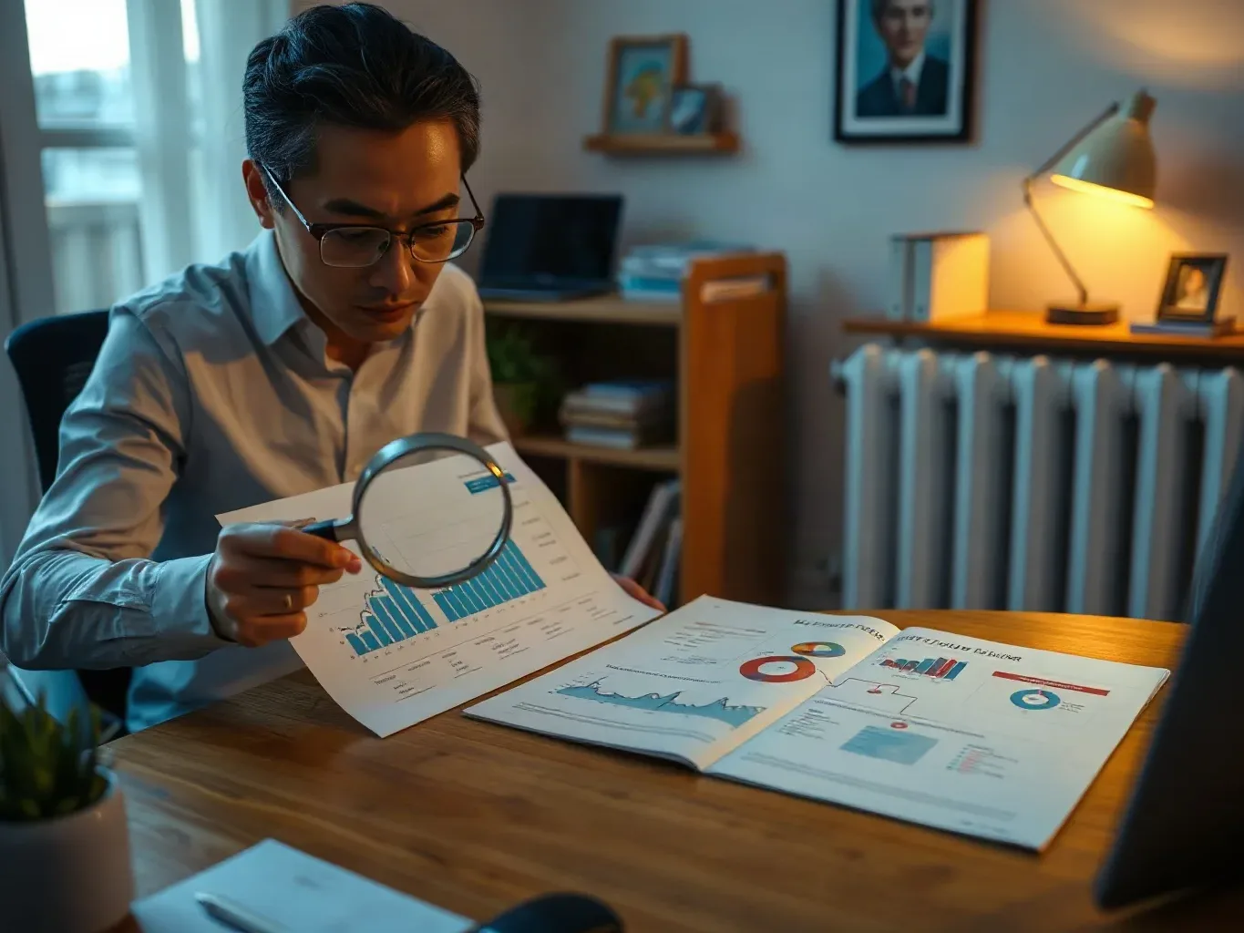An SEO consultant in a private working room pressing a magnifying glass over a printed analytics report showing geographically filtered keyword data while a structured site architecture diagram on paper mapping local service-area pages is spread open on the same desk