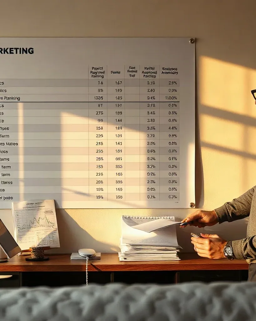 A person in glasses and a grey top stands at a desk reviewing papers, facing a large wall-mounted marketing data chart