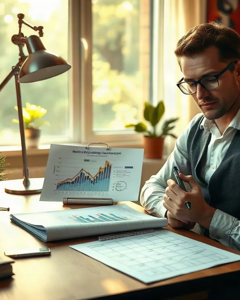 A person wearing glasses and a sleeveless vest sits at a wooden desk in a home study, reviewing printed charts and holding a pen