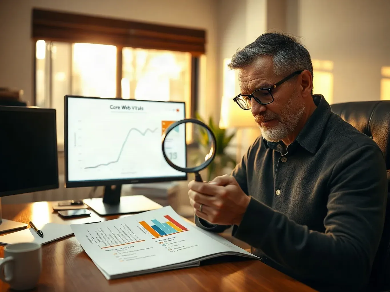 A marketing professional in a private office using a magnifying glass to examine a printed analytics report listing Core Web Vitals scores and crawl error counts while the desktop monitor behind him displays an organic traffic trend graph showing a dip correlated with technical issues