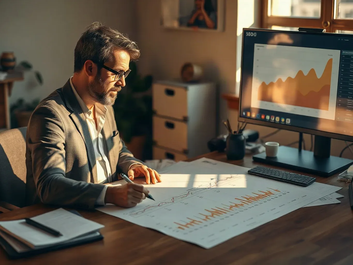An SEO consultant in business-casual attire at an organised desk drawing a performance timeline on a printed keyword ranking chart spread across the surface and marking monthly rank movement milestones while the large monitor shows a graph of organic traffic trends
