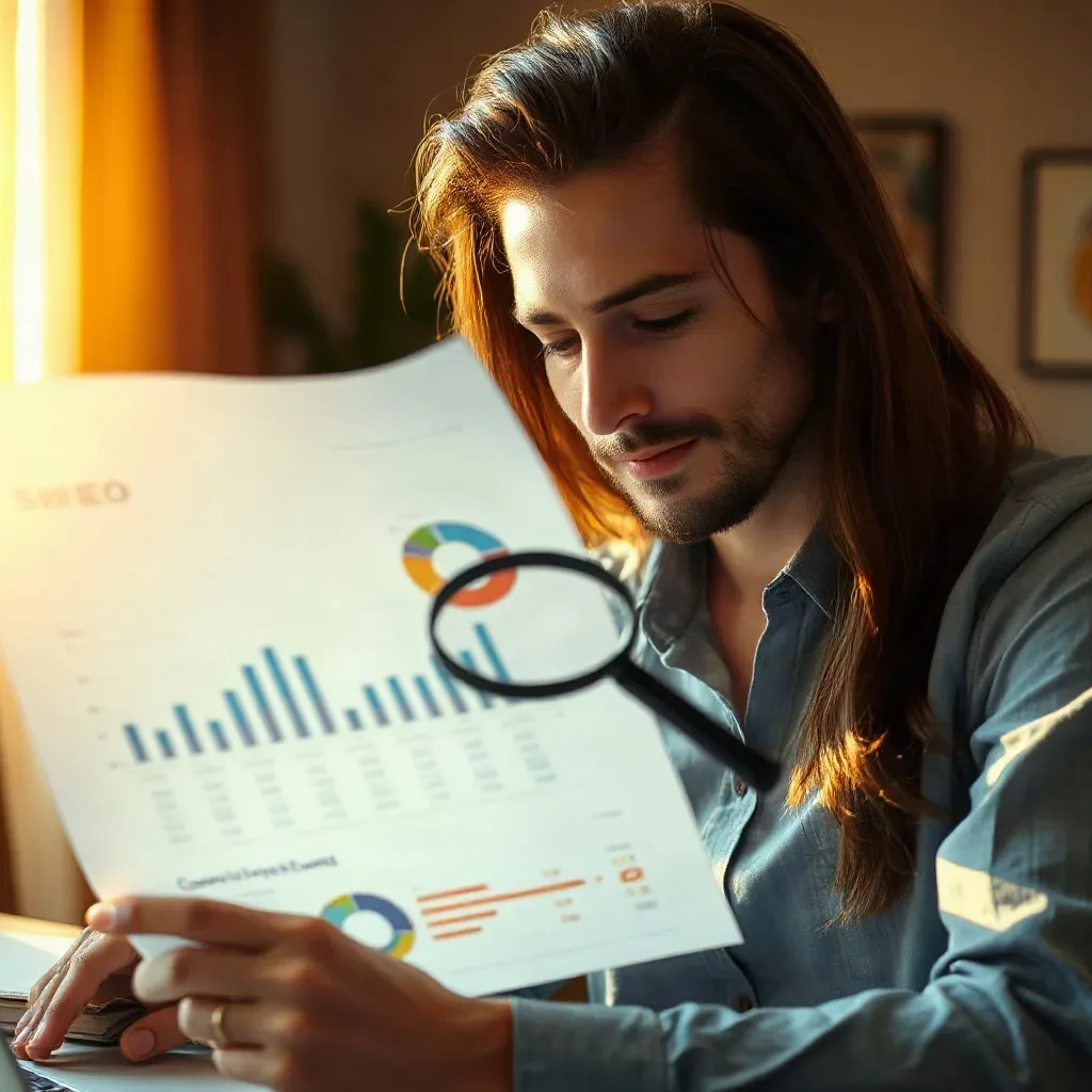 A person with long hair holds a magnifying glass over a printed analytics report showing bar charts and pie charts, whilst typing on a laptop in a warmly lit room
