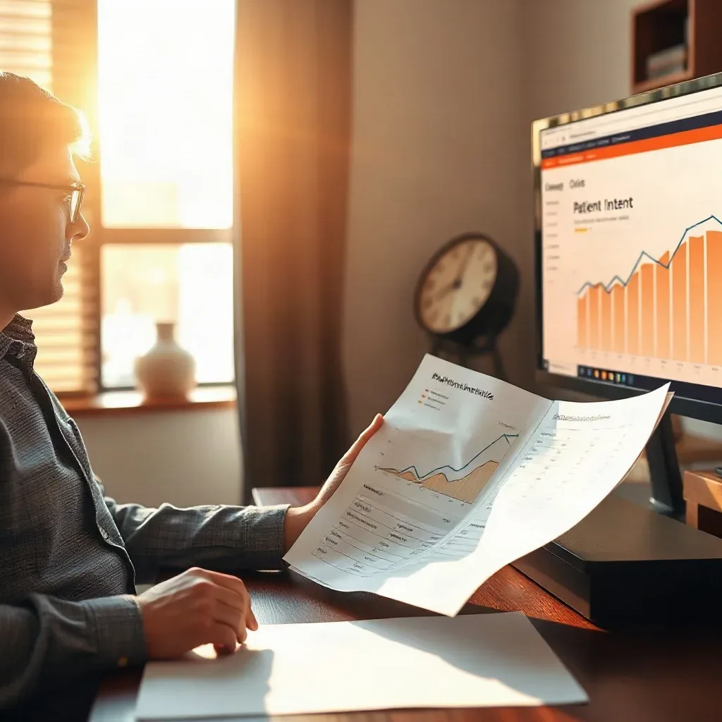 A person wearing glasses sits at a desk holding a printed chart with graphs, looking at a monitor displaying a bar and line graph