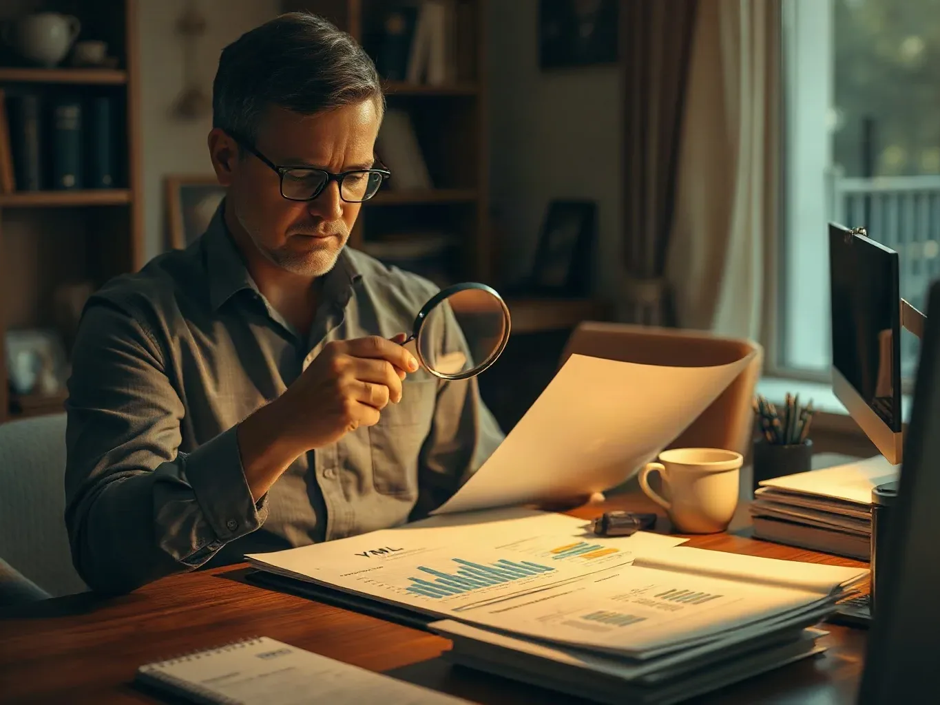 A person wearing glasses uses a magnifying glass to examine printed charts and reports at a wooden desk in a warmly lit home study