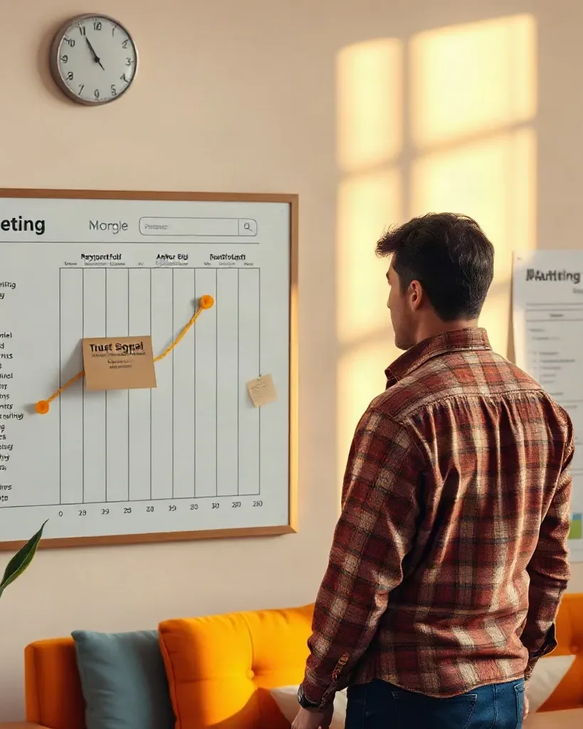 A person in a checked shirt stands looking at a large wall-mounted chart with a sticky note attached, in a warmly lit room