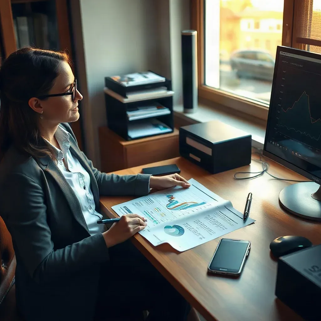 An SEO consultant seated at an organised desk in a private office comparing a printed analytics report showing patient enquiry rate data against a printed keyword ranking chart and drawing a timeline of rank improvements while the desktop monitor displays a graph of organic traffic trends
