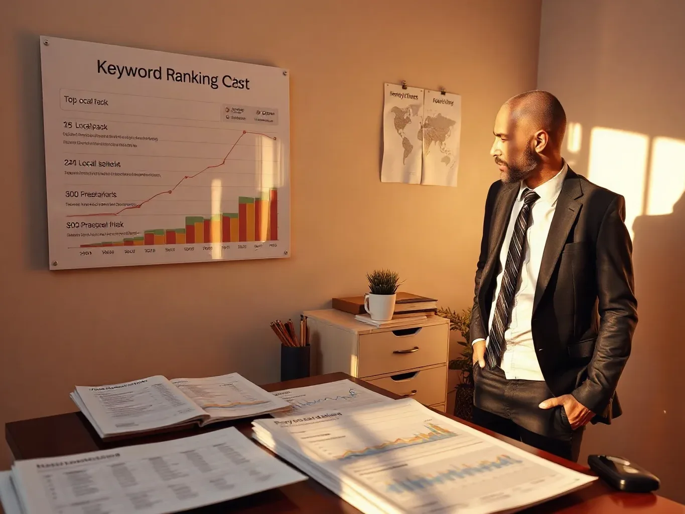 An SEO consultant in business-casual attire standing beside the wall-mounted keyword ranking chart and circling top-three local pack positions for professional services terms while printed analytics reports with visible data columns are laid out on the desk below