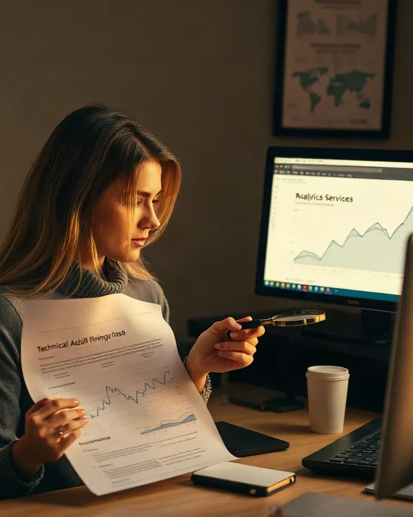 A marketing professional at a desk in a private working room using a magnifying glass to examine a printed analytics report detailing technical audit findings while the desktop monitor beside her displays a graph of organic traffic trends for a legal services domain