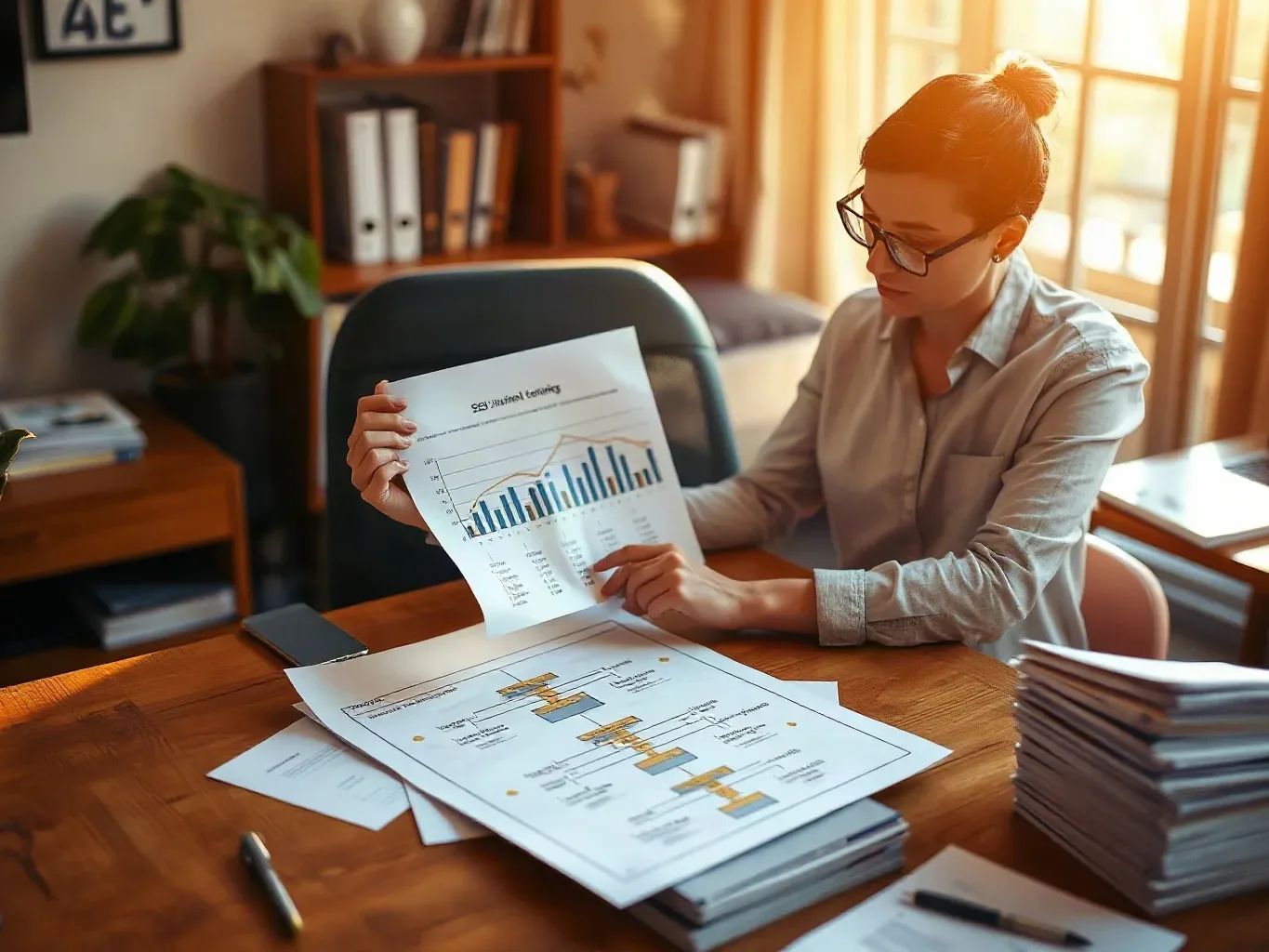 A person wearing glasses sits at a wooden desk in a home office, holding and reviewing a printed chart with bar and line graphs, with further documents spread across the desk