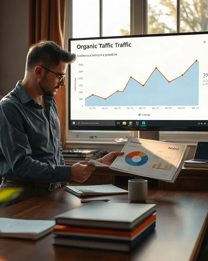 A marketing professional in a private office standing at the desk and comparing two separate printed analytics reports placed side by side while the large monitor shows an organic traffic trend graph used as a reference benchmark for evaluating provider performance