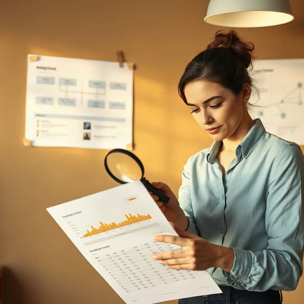 A marketing professional in business-casual attire pressing a magnifying glass over a printed analytics report that shows conversion-event and goal-value columns while a wall-mounted site architecture diagram on paper with tracking-configuration nodes is pinned to the board behind her