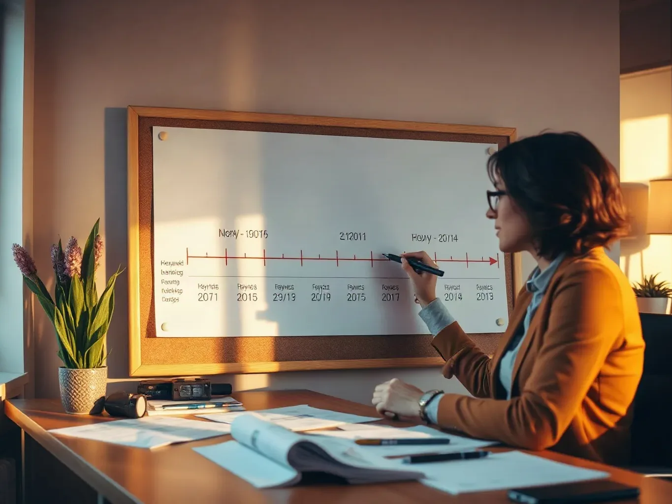 A person in a yellow blazer sits at a desk writing on a wall-mounted whiteboard timeline chart, with papers and a plant nearby