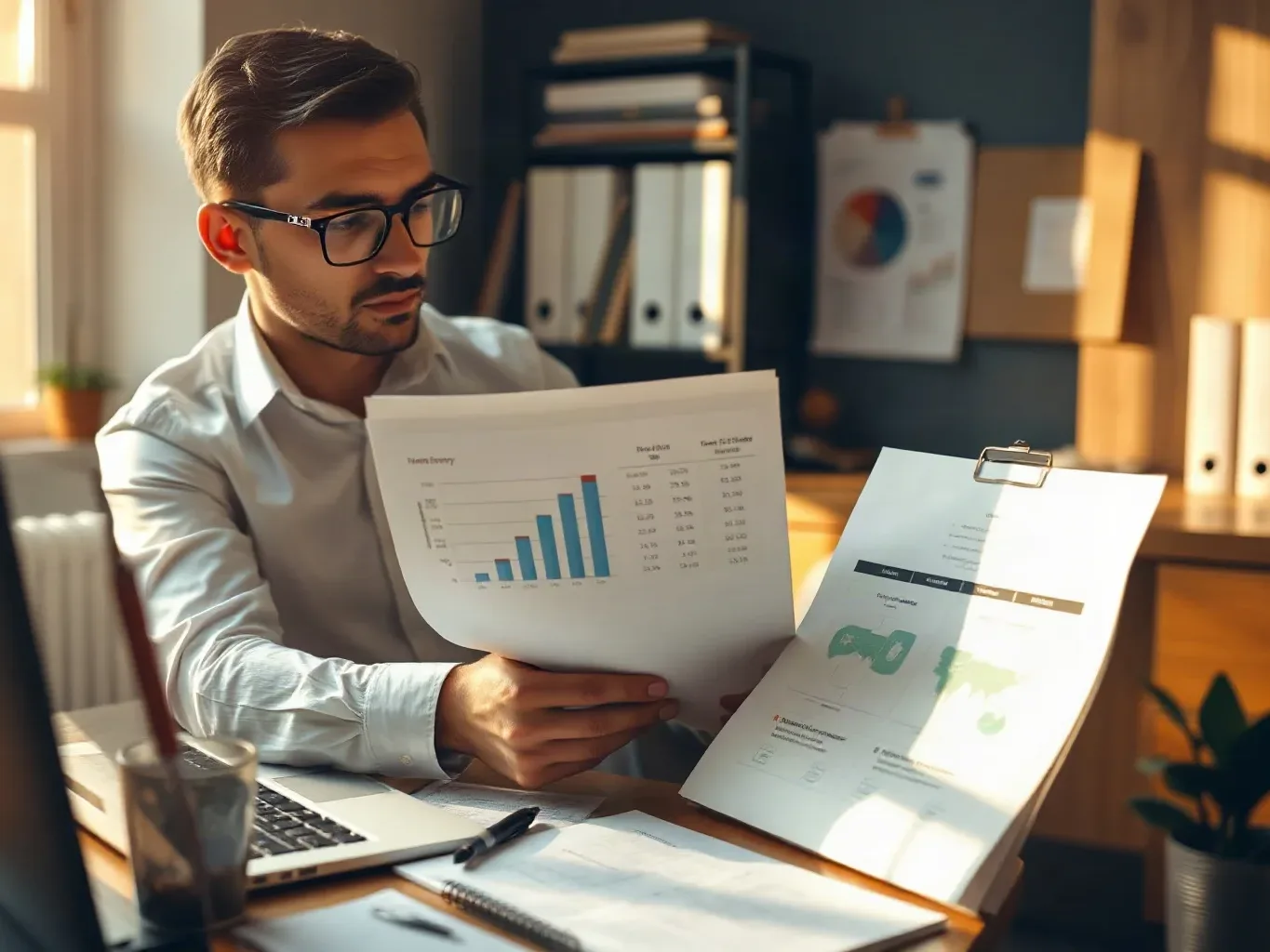 A person wearing glasses sits at a desk reviewing printed reports showing bar charts and data, with a clipboard holding further documents nearby and a laptop to one side