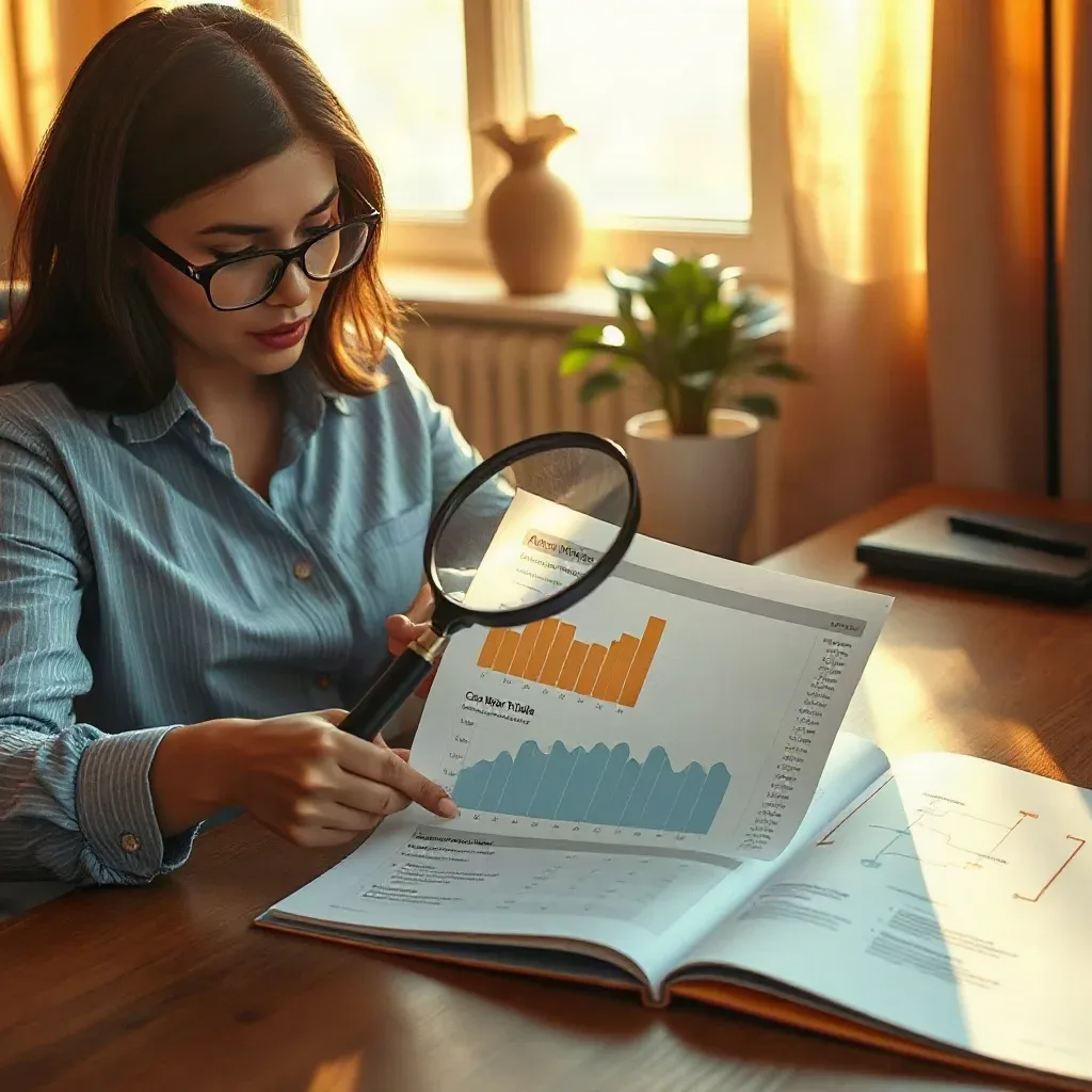 A person wearing glasses uses a magnifying glass to examine printed charts and graphs in an open report on a wooden desk