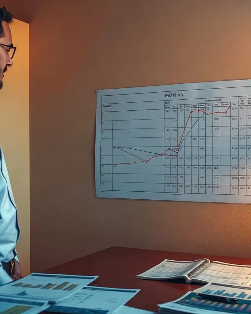 A person in a light blue shirt and glasses stands at a desk reviewing papers and charts, looking at a large wall-mounted graph in a warmly lit room
