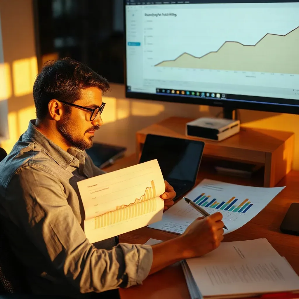 A marketing professional seated at an organised desk comparing printed analytics reports showing booking revenue columns against a printed keyword ranking chart and marking the relationship between rank improvements and revenue periods while the large monitor displays an organic traffic trend graph