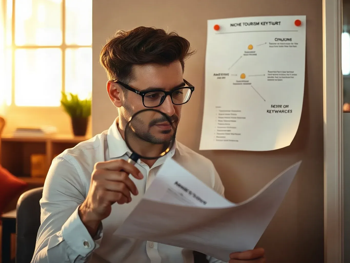 A person wearing glasses holds a magnifying glass over a document while a pinned chart labelled with keyword-related headings is visible on the wall behind them