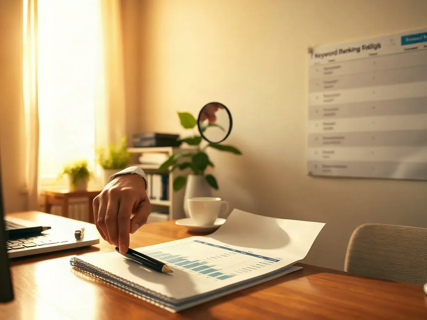 A marketing professional in business-casual attire placing a magnifying glass over a printed analytics report on the desk and using a finger to trace a row of status codes while the wall-mounted keyword ranking chart behind shows annotated priority groupings