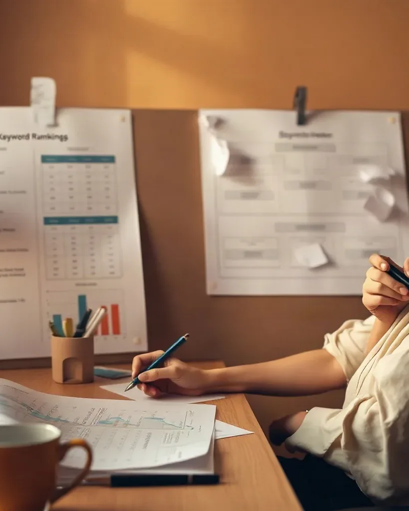 A person sits at a desk annotating papers with a pen, with printed charts pinned to the wall behind them, a lamp, cup, and stationery nearby