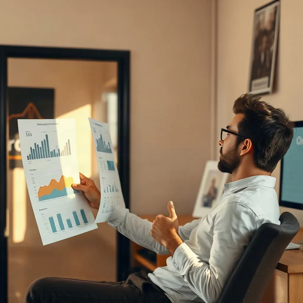 A person in a light blue shirt and glasses sits in an office chair reviewing printed charts and graphs, with a large monitor visible behind them