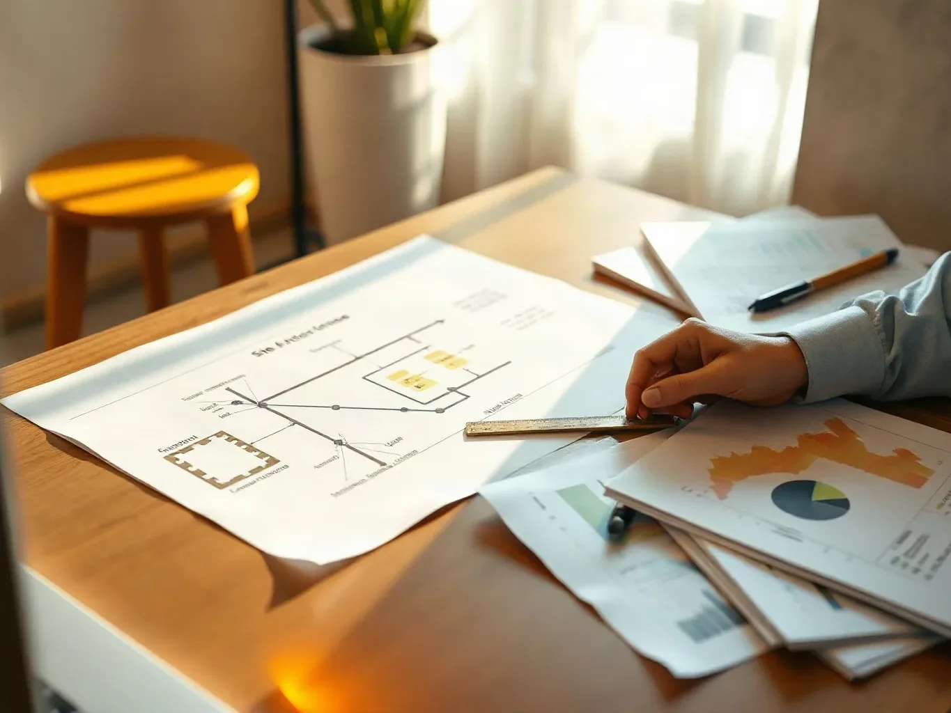 A person holds a ruler over a large printed diagram on a wooden desk, surrounded by papers showing charts and graphs