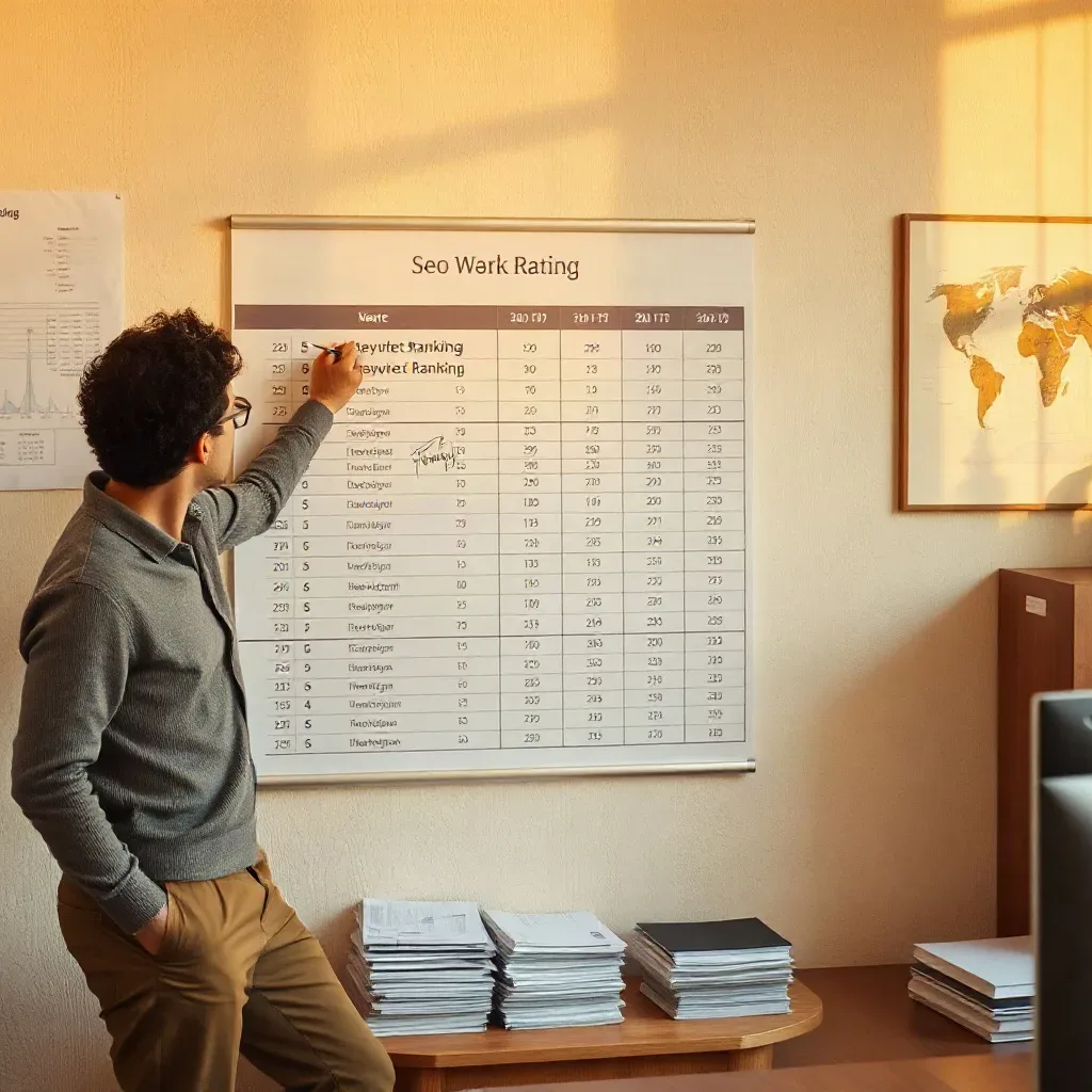 A person in business-casual attire writes on a large wall-mounted data chart in a warmly lit office, with stacked papers on the desk and a monitor nearby