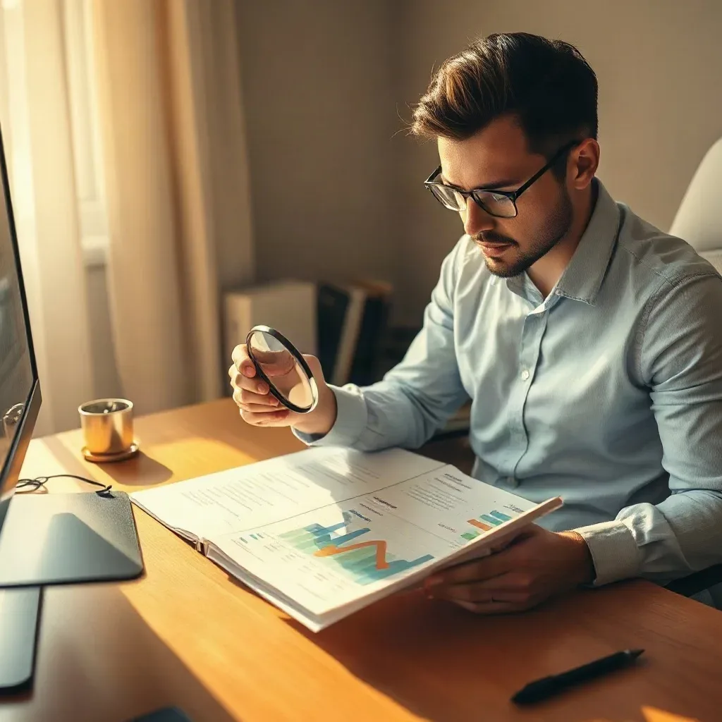 A person wearing glasses examines printed charts and graphs with a magnifying glass whilst seated at a desk with a monitor