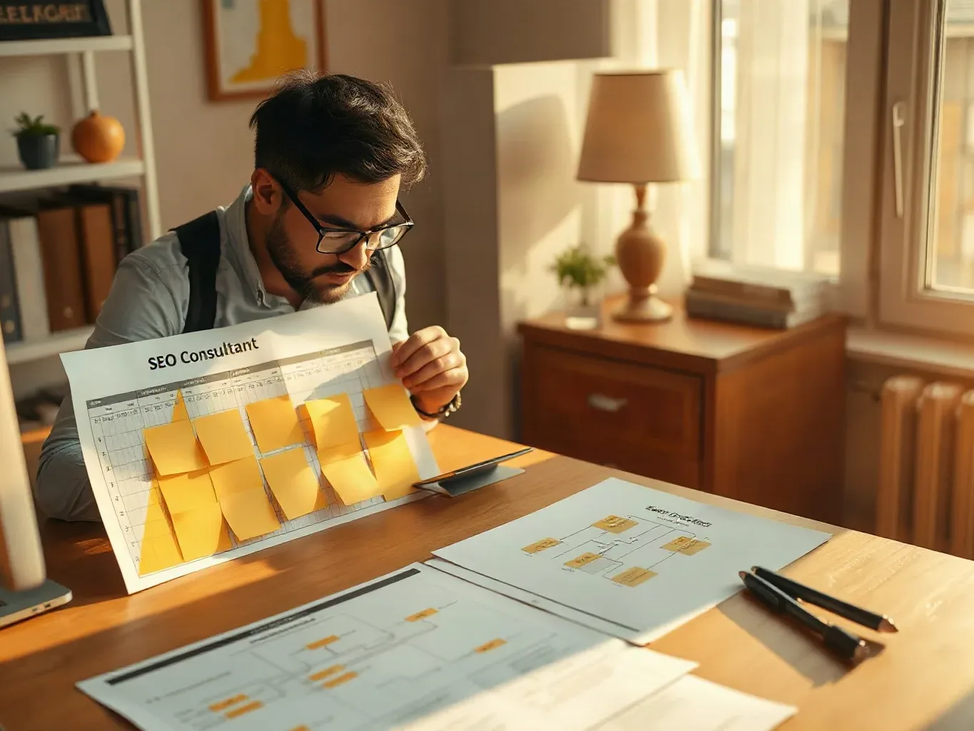 A person wearing glasses sits at a wooden desk in a home office, closely examining a large printed chart covered in yellow sticky notes, with further documents and pencils spread across the desk