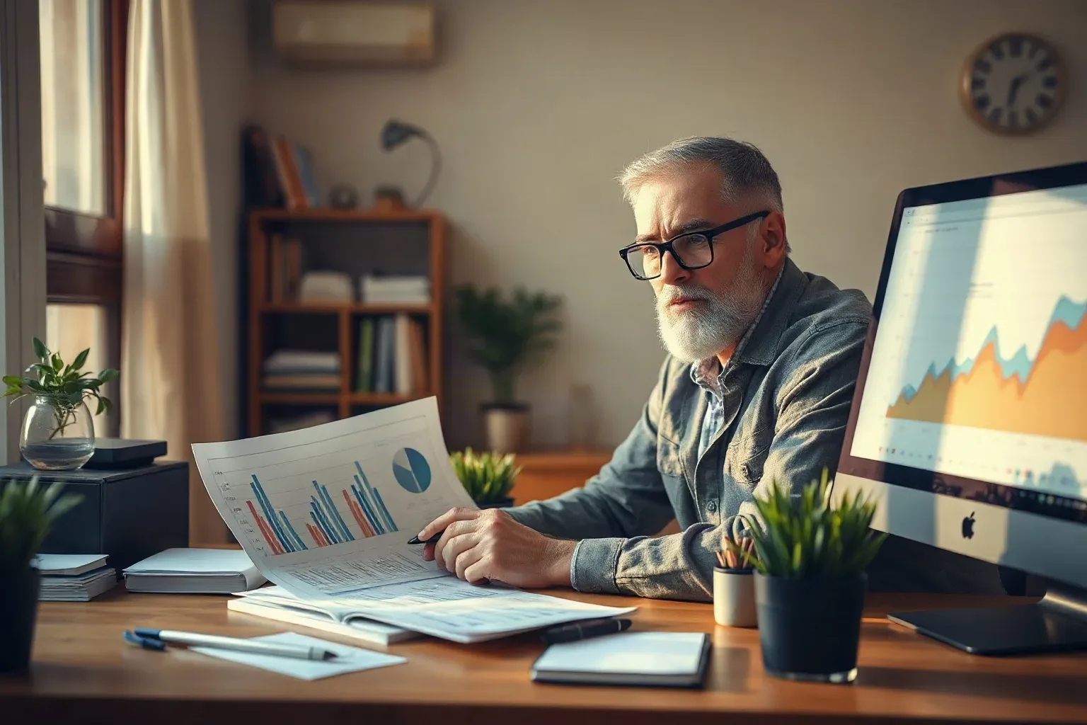 A person with grey hair and glasses sits at a desk reviewing printed bar and pie charts, with a monitor displaying colourful trend graphs beside them