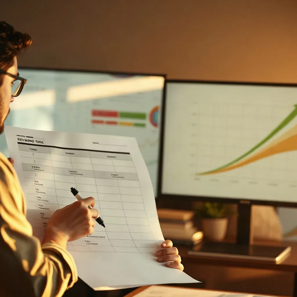A person wearing glasses holds a printed document and pen while seated in front of a monitor displaying an upward-trending graph