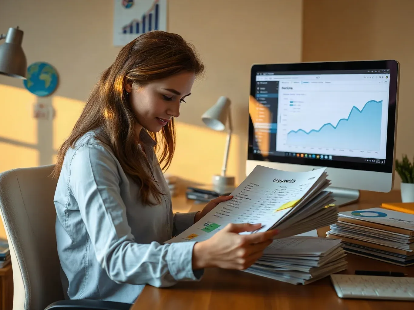 A person in a light shirt sits at a desk reviewing a stack of printed documents, with a monitor displaying an upward-trending graph visible behind them